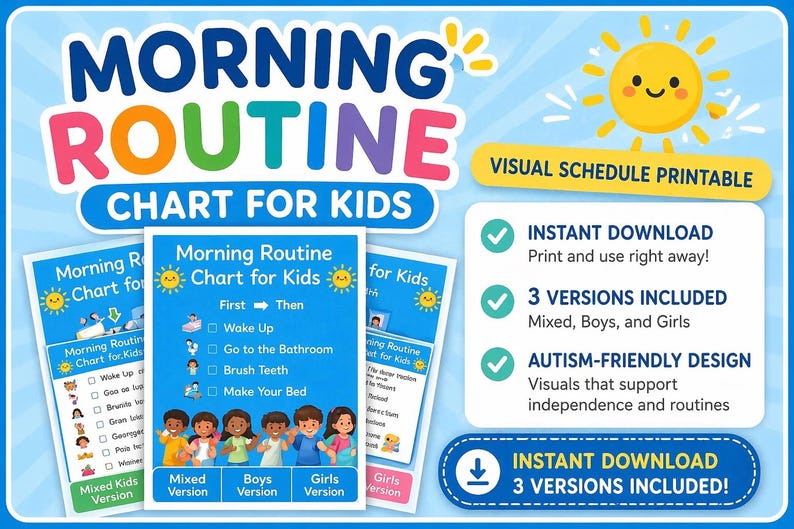 Morning Routine Sunshine Kids Morning Routine Chart, Visual Schedule, Autism Friendly (digital ...