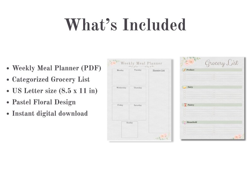 Floral Weekly Meal Planner & Grocery List Bundle (instant Download) - Etsy