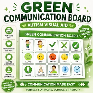 Könnte beinhalten: Eine grüne Kommunikationstafel mit dem Text "Green Communication Board" und "Autism Visual Aid". Sie enthält Symbole und Wörter für verschiedene Bedürfnisse und Emotionen, wie "Ja", "Nein", "Glücklich" und "Traurig". Die Tafel ist für visuelle Unterstützung konzipiert.