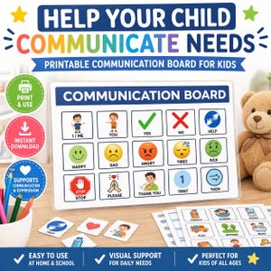 May include: A white communication board for children, featuring icons and phrases like "Yes," "No," and emotional expressions. The board is designed to aid children in communicating their needs. The image also includes extra communication cards and a teddy bear.