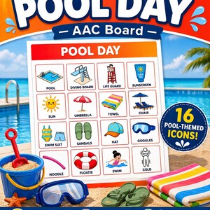 Pool Day AAC-tavla, visuellt stöd för autism, logopediskt verktyg (PDF-nedladdning)
