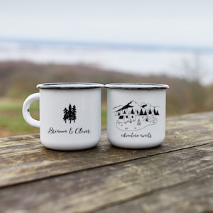 Personalized Camp Mug | Forest Camping Gift | Mountain Enamel Mug | Camper Van Present | Couple Travel Accessories