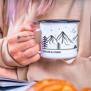Personalized Camp Mug Campfire Forest Mug Camping Gift Mountain Mug -Enamel Mug-Camper Van Gift-Couple Travel Present-Accessories Camping