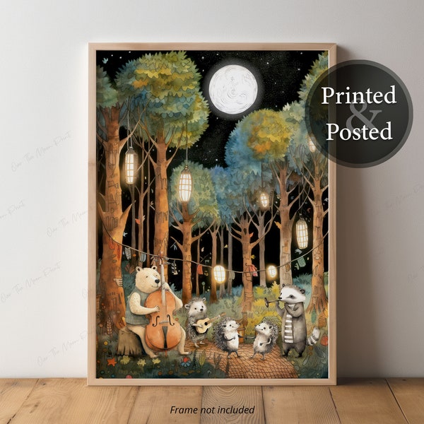 Midnight Forest Woodland Animal Band. Children's Nursery wall art print, Baby decor, Music theme, Forest Animals, Whimsical wall art