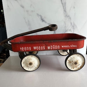 Vintage Teeny Weeny Wagon, Vintage Metal Toy, Little Red Wagon, Garden Centerpiece