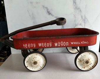 Vintage Teeny Weeny Wagon, Vintage Metal Toy, Little Red Wagon, Garden Centerpiece