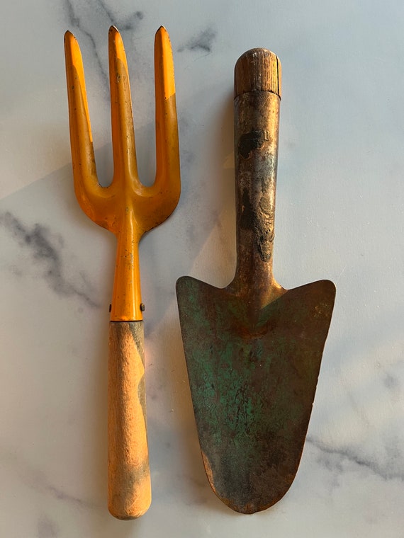 Vintage Metal Garden Shovel and Fork, Hand Painted, Rusty Patina