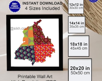 Phulkari Punjab Map Wall Art Digital Download – Punjabi Home Decor Heritage Print