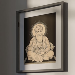 May include: Framed art print featuring a seated figure with a halo, wearing a turban and robes. The artwork is in sepia tones, with a dark background and a light-colored figure. The frame is a dark gray color, and the art is hanging on a white wall.