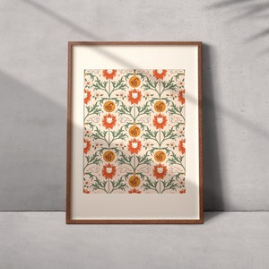 May include: A framed print with a repeating pattern of orange flowers and green leaves. The flowers have a yellow center with the number "96" inside. The background is a light beige color.