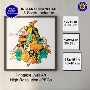 Mapa de Punjab en formato digital para descargar – Póster de decoración para el hogar sij – Distritos de Punjab / Patrimonio punjabí
