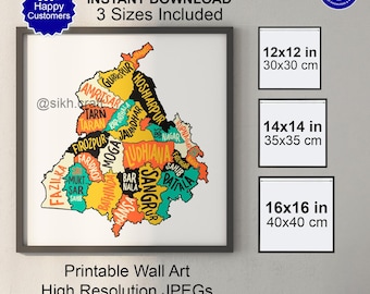 Punjab Map Art (Digital Download) – Sikh Home Decor Poster – Punjab Districts | Punjabi Heritage