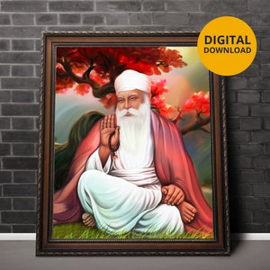 May include: A digital painting of a Sikh man wearing a white turban and a white robe, sitting in a meditative pose with his hands clasped in front of him. He is surrounded by a red and orange background with a tree behind him.