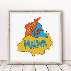 Póster del mapa de Majha Doaba Malwa / Descarga digital / Punjab / Decoración del hogar con arte sij / Impresión de pared sij