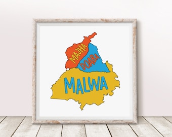 Punjab Map Art Print (Digital Download) – Majha Doaba Malwa – Punjabi Heritage Poster - 2 Sizes