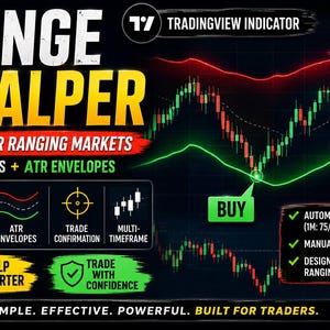 Puede incluir: Un gráfico digital para un indicador de TradingView titulado Range Scalper. La imagen muestra un gráfico financiero de velas con líneas de tendencia rojas y verdes, marcadores de compra y venta, y texto que detalla funciones como señales RSI y envolventes ATR.