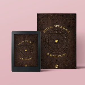 May include: A brown leather-bound book with gold lettering that reads "Ritual Spellbook & Witch Class". The book is on a pink surface and next to it is a black and white e-reader with the same title on the screen.