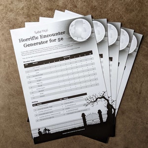 May include: Black and white printable game cards with a moon and a gate design. The cards feature a table with the title "Horrific Encounter Generator for 5e" and a list of monster types and settings.