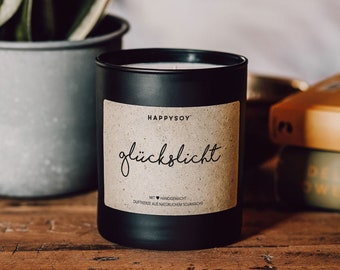 Scented candle with saying | Lucky light | Soy wax candle in black glass