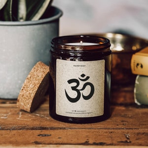 Scented candle with saying | &quot;ohm&quot; | Soy wax candle in glass with cork lid