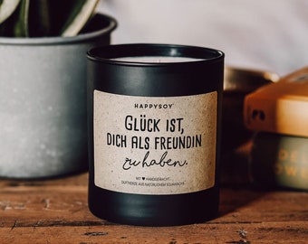 Scented candle with saying | Happiness is having you as a friend
 | Soy wax candle in black glass