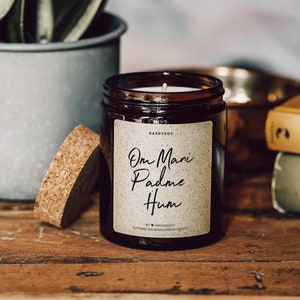 Scented candle with saying | Om Mani Padme Hum | Soy wax candle in glass with cork lid