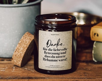 Scented candle with saying | Thank you for your loving care and for being our midwife! | Soy wax candle in a glass jar with a cork lid