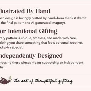 May include: A cream-colored graphic with text that reads "Illustrated By Hand," "For Intentional Gifting," and "Independently Designed." The bottom of the graphic says "The art of thoughtful gifting" with a bird and olive branch illustration.