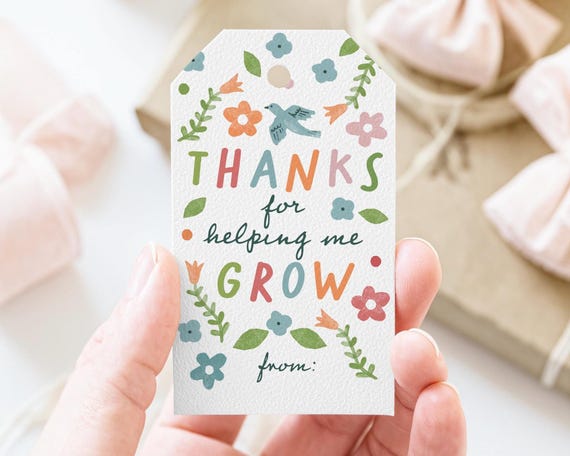 Floral Teacher Gift Tag, Thanks for Helping Me Grow, Spring Appreciation (PDF Download)