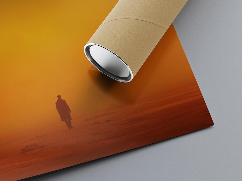 May include: A silhouette of a person walking on a sandy beach with a sunset in the background. The sky is a gradient of orange, yellow, and red.