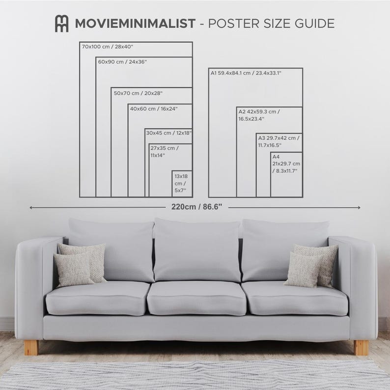 May include: A guide to poster sizes with a sofa in the foreground. The poster sizes are listed in both inches and centimeters. The sizes include 70x100 cm, 60x90 cm, 50x70 cm, 40x60 cm, 30x45 cm, 27x35 cm, 13x18 cm, A1, A2, A3, and A4.