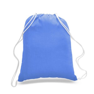 May include: A light blue drawstring bag with white drawstrings. The bag is made of a soft, lightweight fabric.