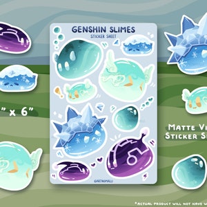 folha de adesivos de genshin impact slimes p1 | anemo, crio, hidro, eletro | papel de carta kawaii fofo - planejador, diário com marcadores, laptop - à prova d'água