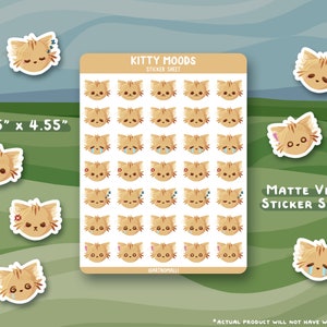 kitty mood tracker sticker sheet | cute kawaii cat stationary - planner, bullet journal, laptop stickers - animal stickers - waterproof