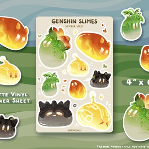 folha de adesivos de genshin impact slimes p2 | dendro, geo, piro, eletro | papel de carta kawaii fofo - planejador, diário com marcadores, laptop - à prova d'água