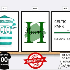 Personalised Glasgow Celtic Football Prints Wall Art Poster Set of 3 Custom Home Decor Gift Idea Any Name Number Print