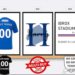 Personalised Glasgow Rangers Football Prints Wall Art Poster Set of 3 Custom Home Decor Gift Idea Any Name Number Print