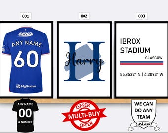 Personalised Glasgow Rangers Football Prints Wall Art Poster Set of 3 Custom Home Decor Gift Idea Any Name Number Print