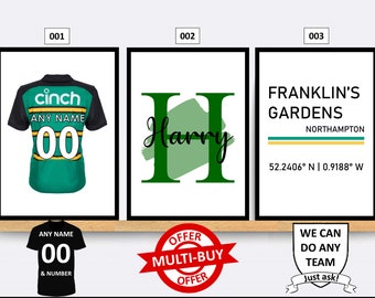 Personalised Northampton Saints Rugby Prints Wall Art Poster Set of 3 Custom Home Decor Gift Idea Any Name Number Print