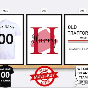 Personalised Manchester United Football Prints Wall Art Poster Set of 3 Custom Home Decor Gift Idea Any Name Number Print Man Utd image 2