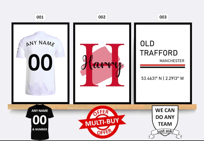 Personalised Manchester United Football Prints Wall Art Poster Set of 3 Custom Home Decor Gift Idea Any Name Number Print Man Utd image 2
