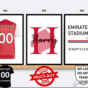 Personalised Arsenal Football Prints Wall Art Poster Set of 3 Custom Home Decor Gift Idea Any Name Number Print