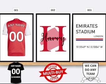 Personalised Arsenal Football Prints Wall Art Poster Set of 3 Custom Home Decor Gift Idea Any Name Number Print