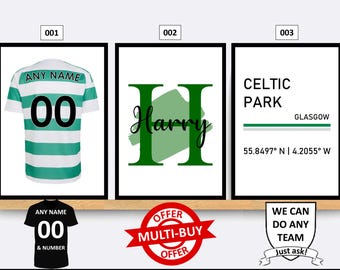 May include: Three framed wall art prints featuring a green and white striped football shirt with custom name and number, a large green letter H with the name Harry, and a Celtic Park Glasgow coordinate sign with text and a green horizontal line.