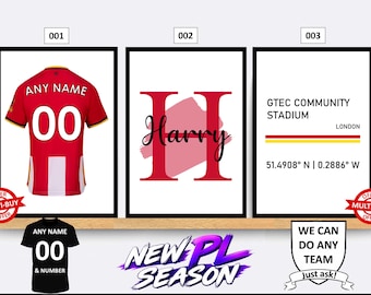 May include: Three framed wall art prints featuring a red football shirt with white text ANY NAME and 00, a large red letter H with the name Harry in black script, and a white print with GTEC COMMUNITY STADIUM LONDON and coordinates.
