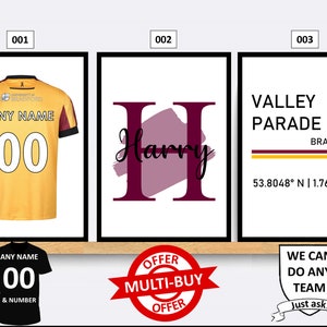 Personalised Bradford City Football Prints Wall Art Poster Set of 3 Custom Home Decor Gift Idea Any Name Number Print