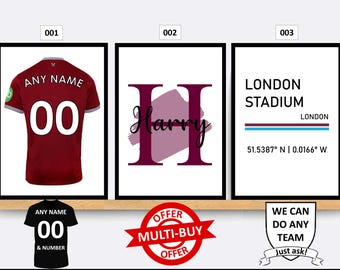 Personalised West Ham United Football Prints Wall Art Poster Set of 3 Custom Home Decor Gift Idea Any Name Number Print
