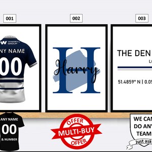 Gepersonaliseerde Millwall voetbalprints muurkunstposter set van 3 custom interieur cadeau-idee Elke naam nummer afdrukken