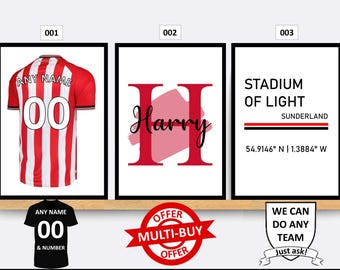 Personalised Sunderland AFC Football Prints Wall Art Poster Set of 3 Custom Home Decor Gift Idea Any Name Number Print