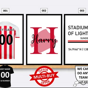 Personalised Sunderland AFC Football Prints Wall Art Poster Set of 3 Custom Home Decor Gift Idea Any Name Number Print